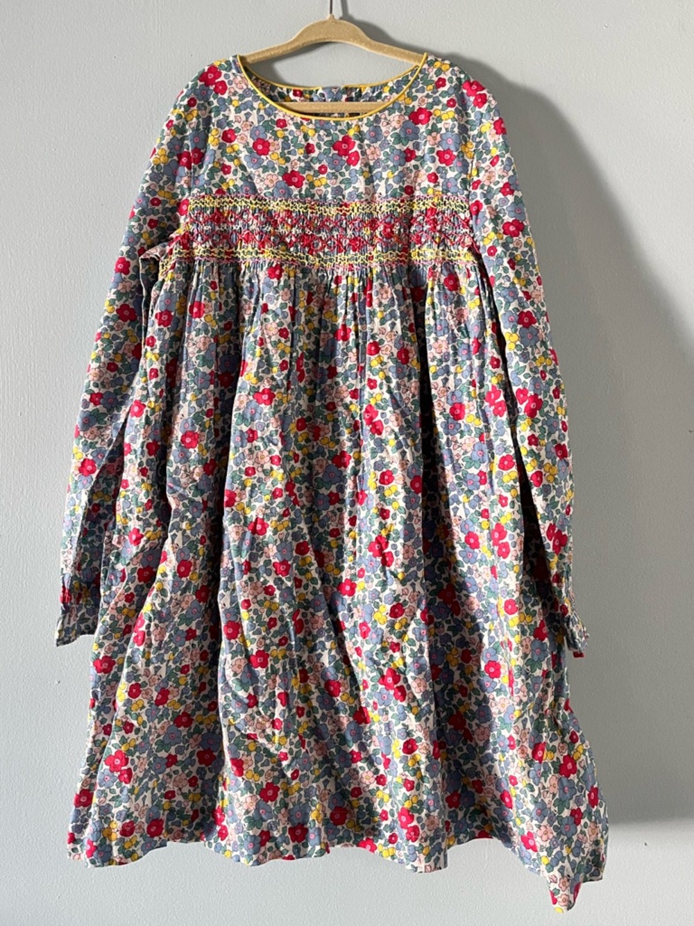 MINI BODEN LIBERTY Smocked Long Sleeve Dress in Multi Apple Blossom Floral 9-10Y